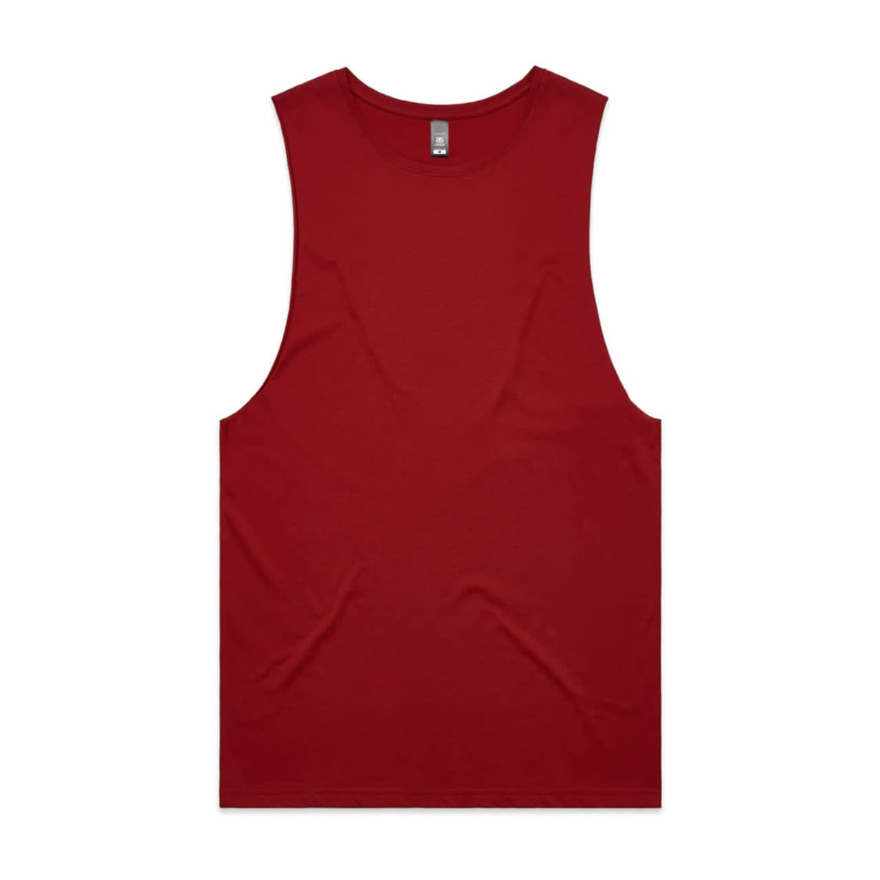A red singlet tank top with a relaxed fit and no sleeves, featuring a small logo.
