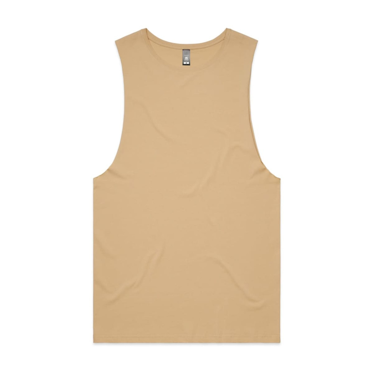 A tan sleeveless tank top with a round neckline and a logo on the label.