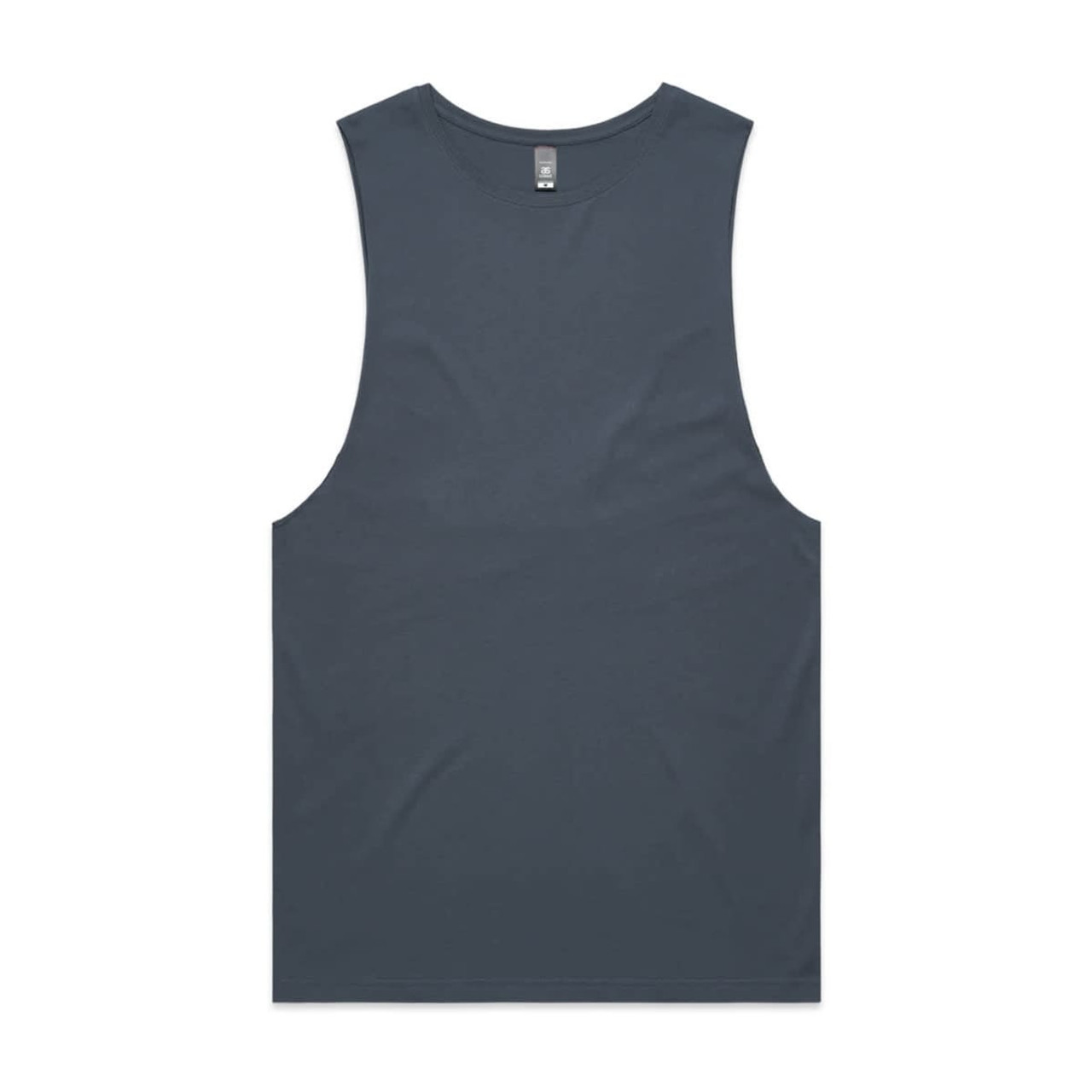 A sleeveless tank in a deep teal colour with a simple, unadorned design and a logo.
