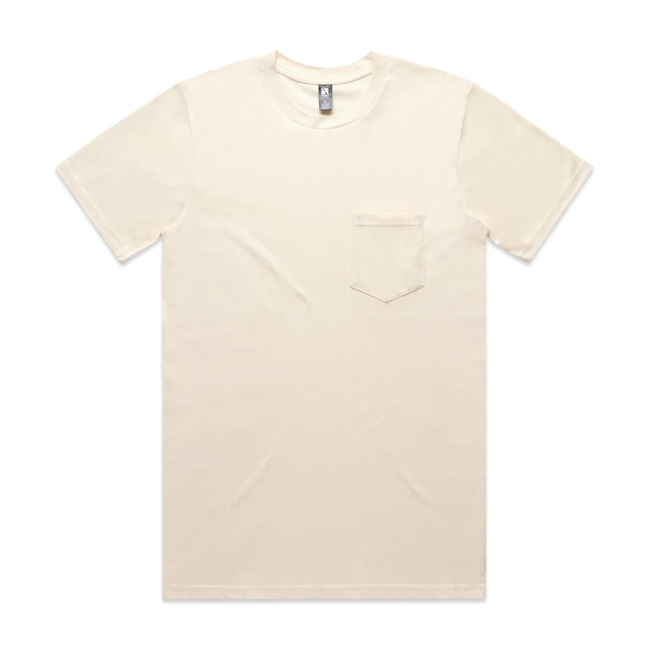 A beige classic pocket t-shirt featuring a chest pocket and a plain design. It has a small logo on the label.