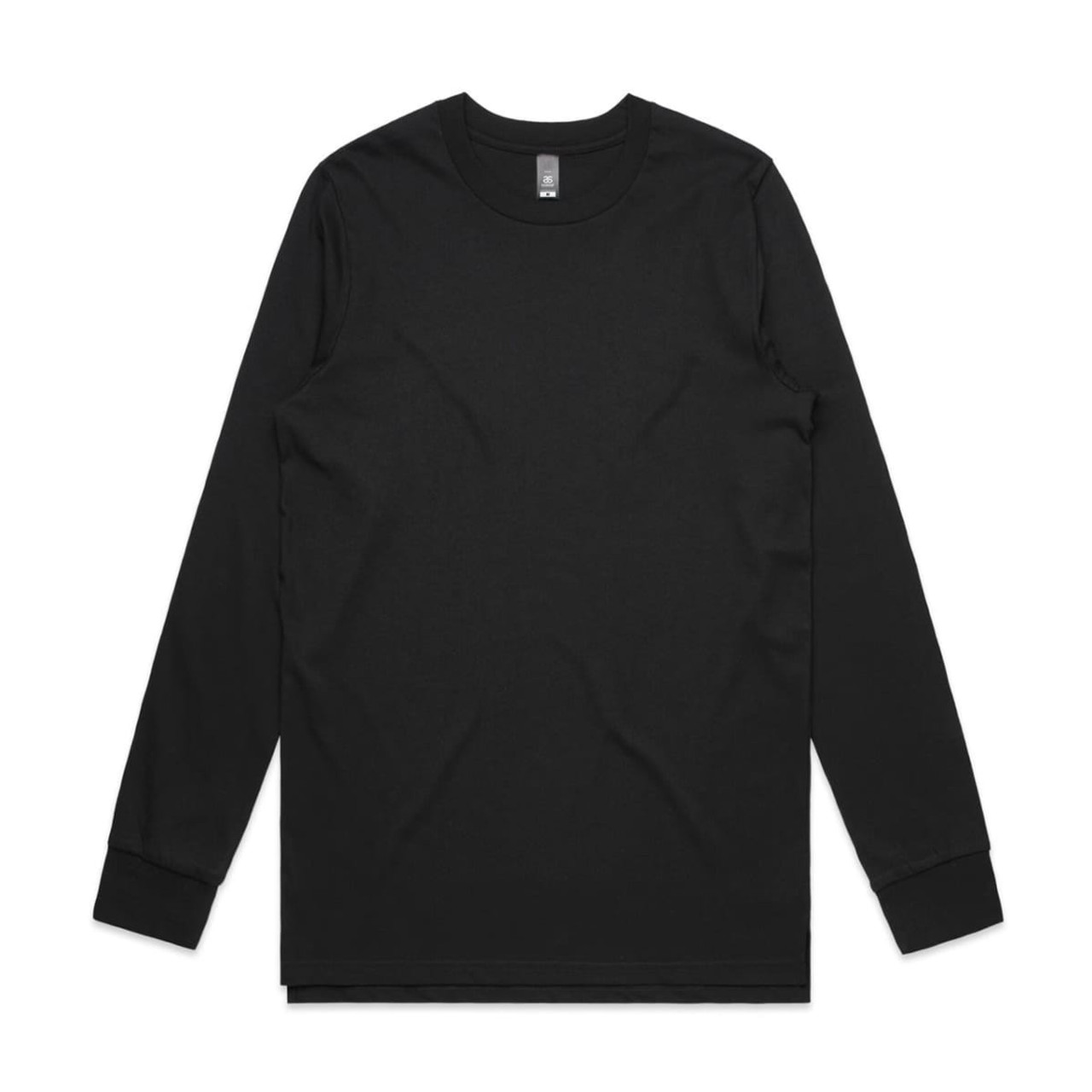 A black long-sleeve t-shirt with a round neckline and no visible designs. It features an attached brand logo.