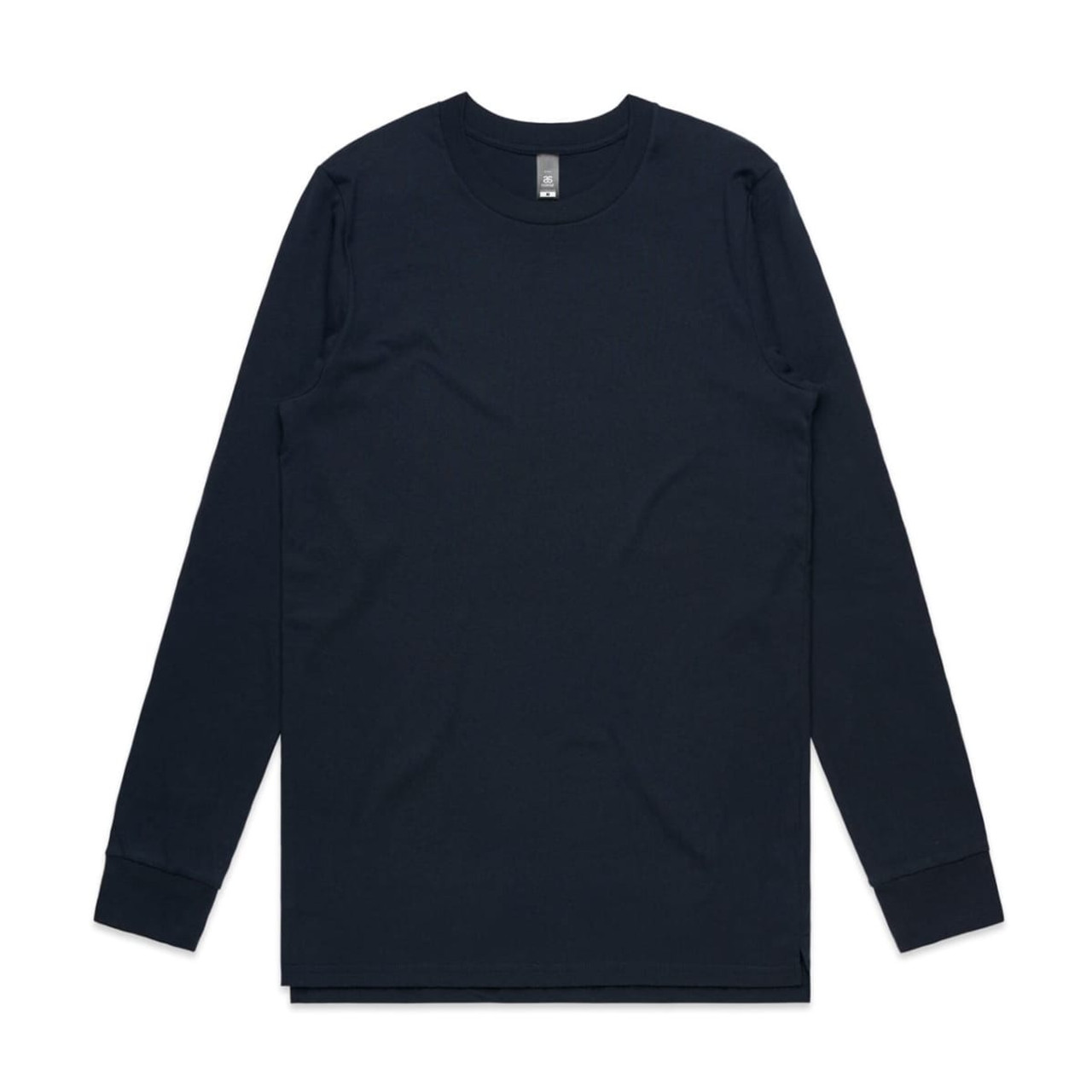 A long-sleeve t-shirt in dark navy blue, featuring a simple design and a logo.