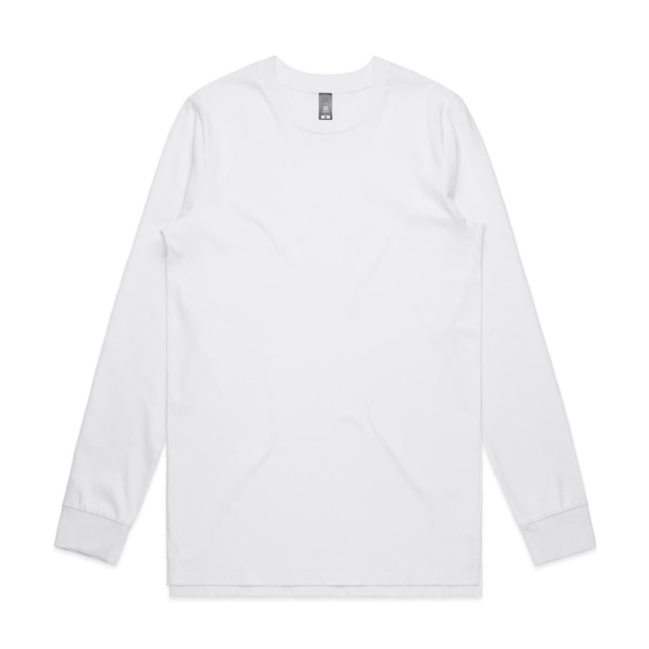A long-sleeved white T-shirt with a round neckline and a logo at the neckline.