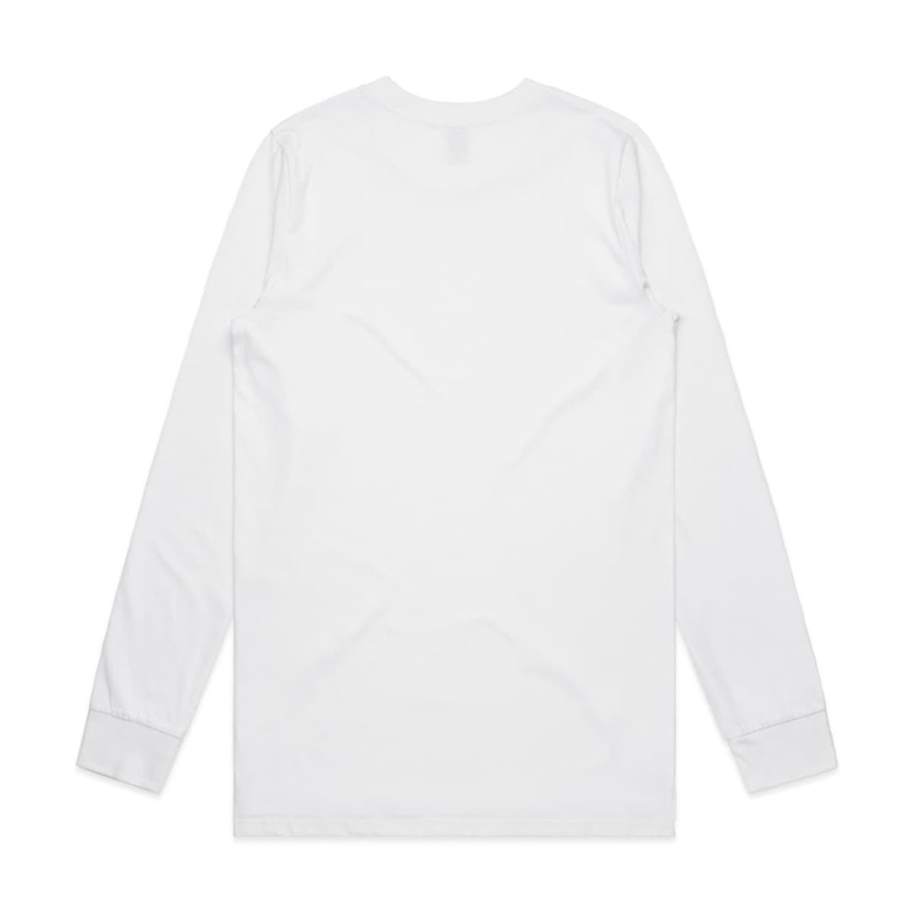 A long-sleeve white T-shirt featuring a plain back and fitted sleeves. It has a small logo.