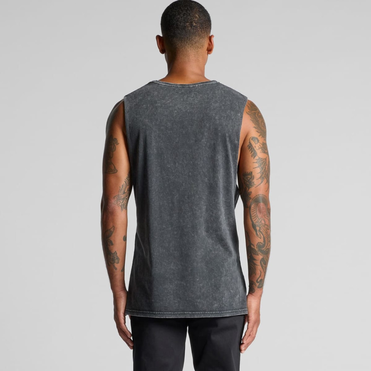 A grey stone wash tank top featuring sleeveless design and a subtle logo on the back.