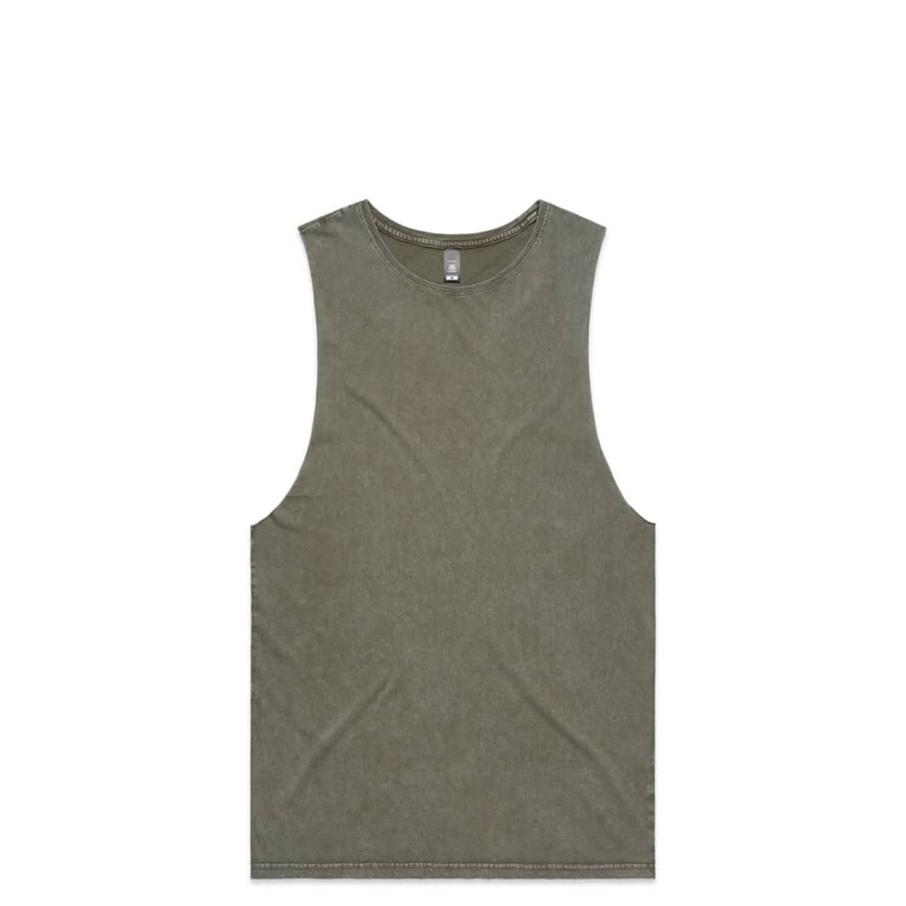 A stone wash green tank top with a sleeveless design, featuring a simple cut and a brand logo.