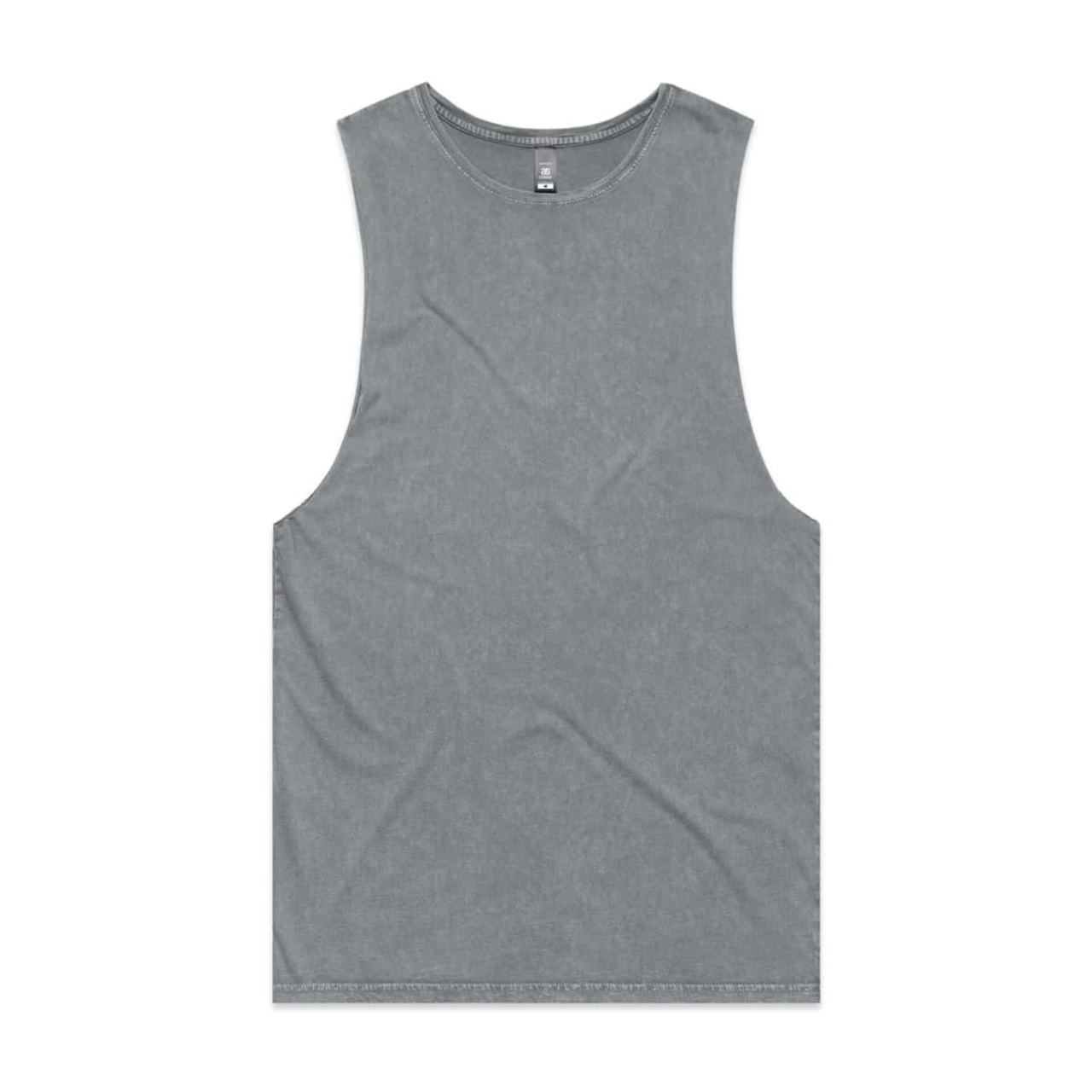 A stone wash tank top in a muted green colour with a logo at the neckline.