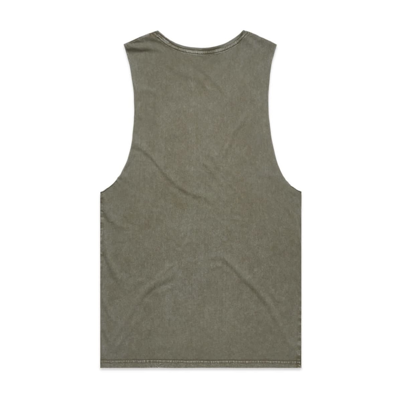 A stone wash green tank top, featuring a sleeveless design and a back view. It has a logo at the back.