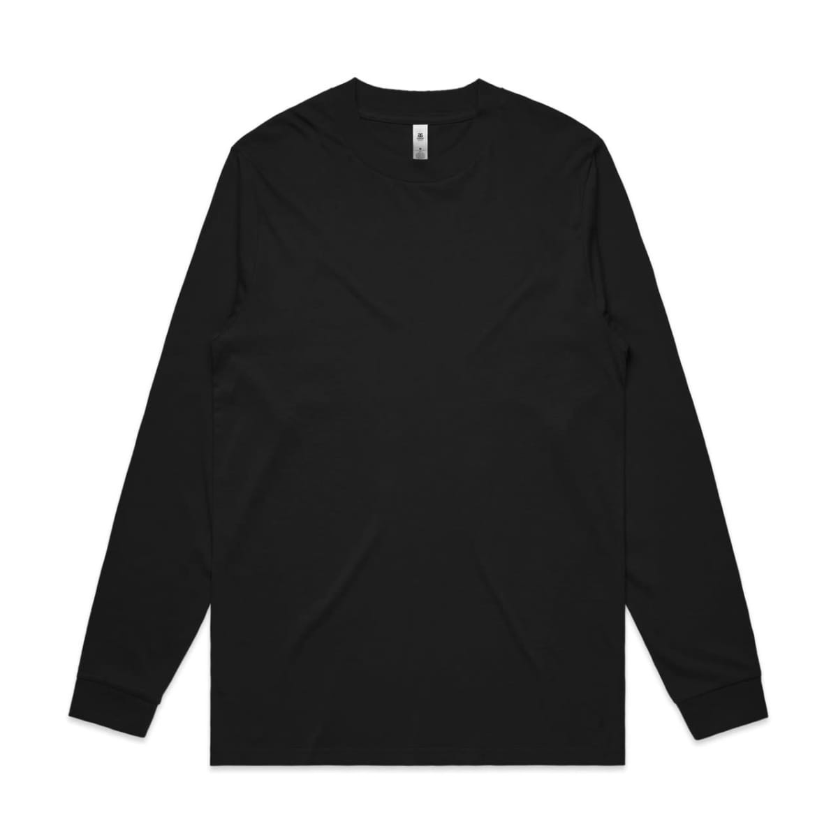 A black long-sleeve t-shirt featuring a simple design and a logo on the label.