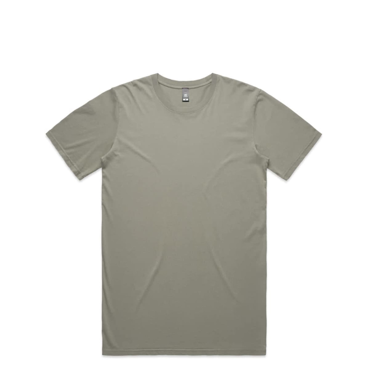 A light olive green T-shirt featuring a round neck and short sleeves, with a logo at the neckline.