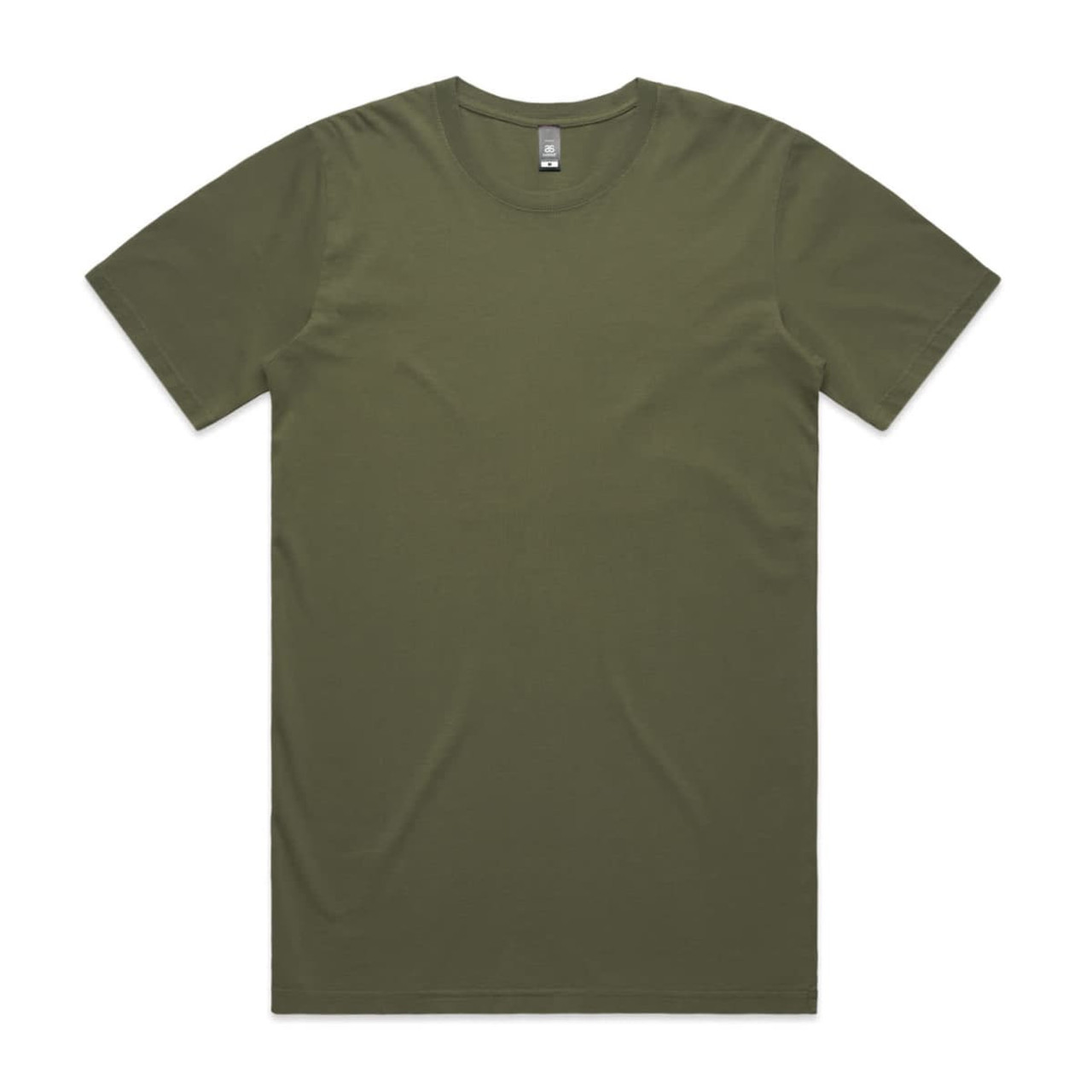 A plain olive green T-shirt with short sleeves and a tag at the neckline, featuring a logo.