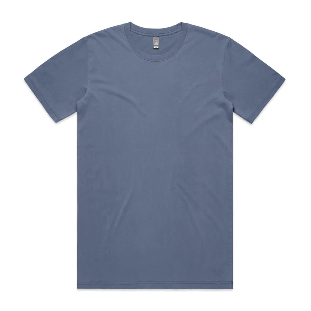A faded blue T-shirt with short sleeves and a crew neck, featuring a logo at the neck.