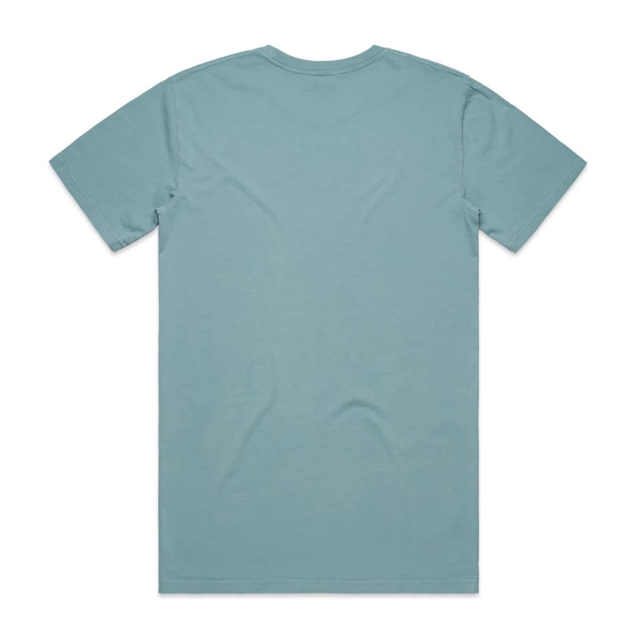 A faded teal t-shirt displayed from the back, featuring a simple design and a small logo.