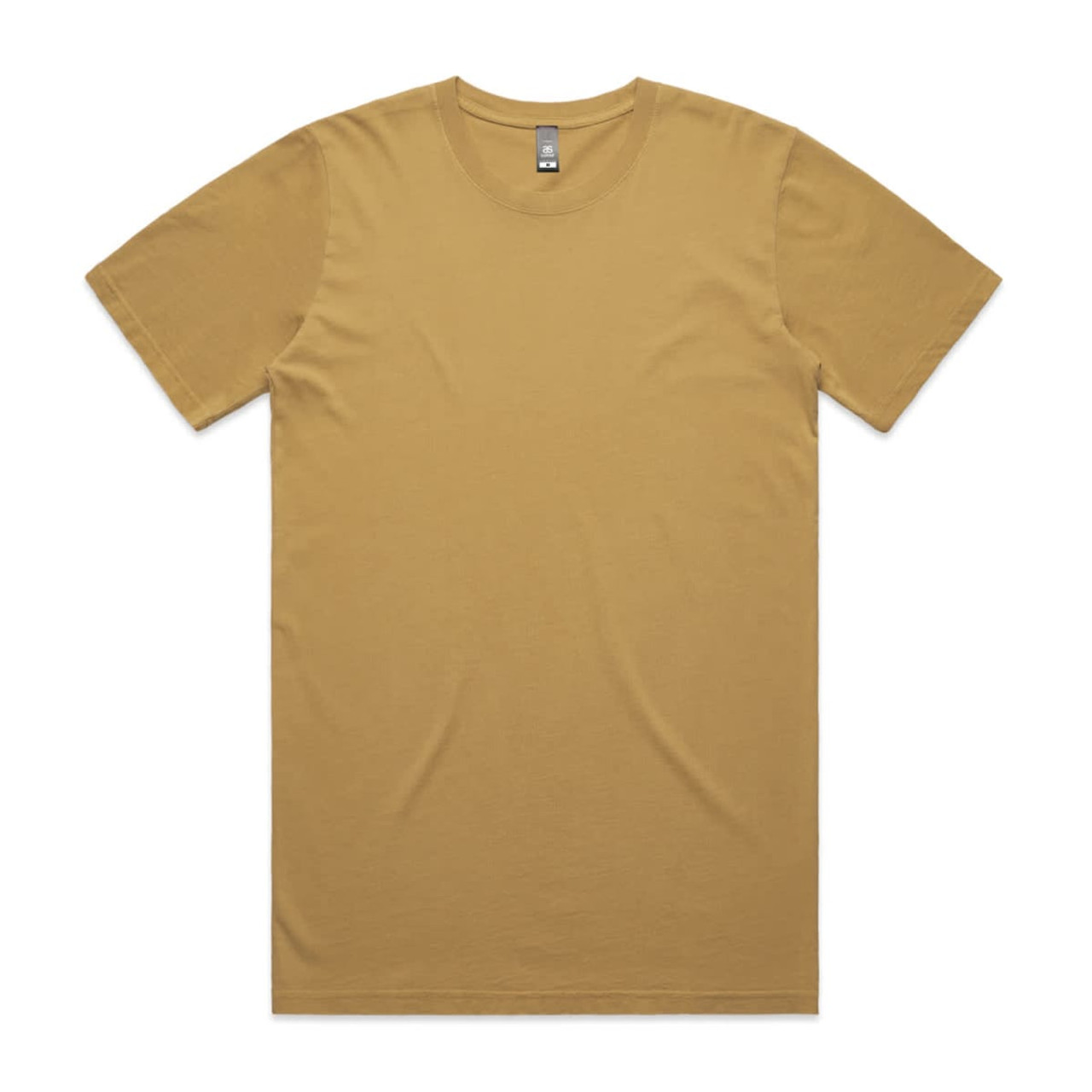 A faded mustard yellow T-shirt with short sleeves and a tag at the neckline, featuring a logo.