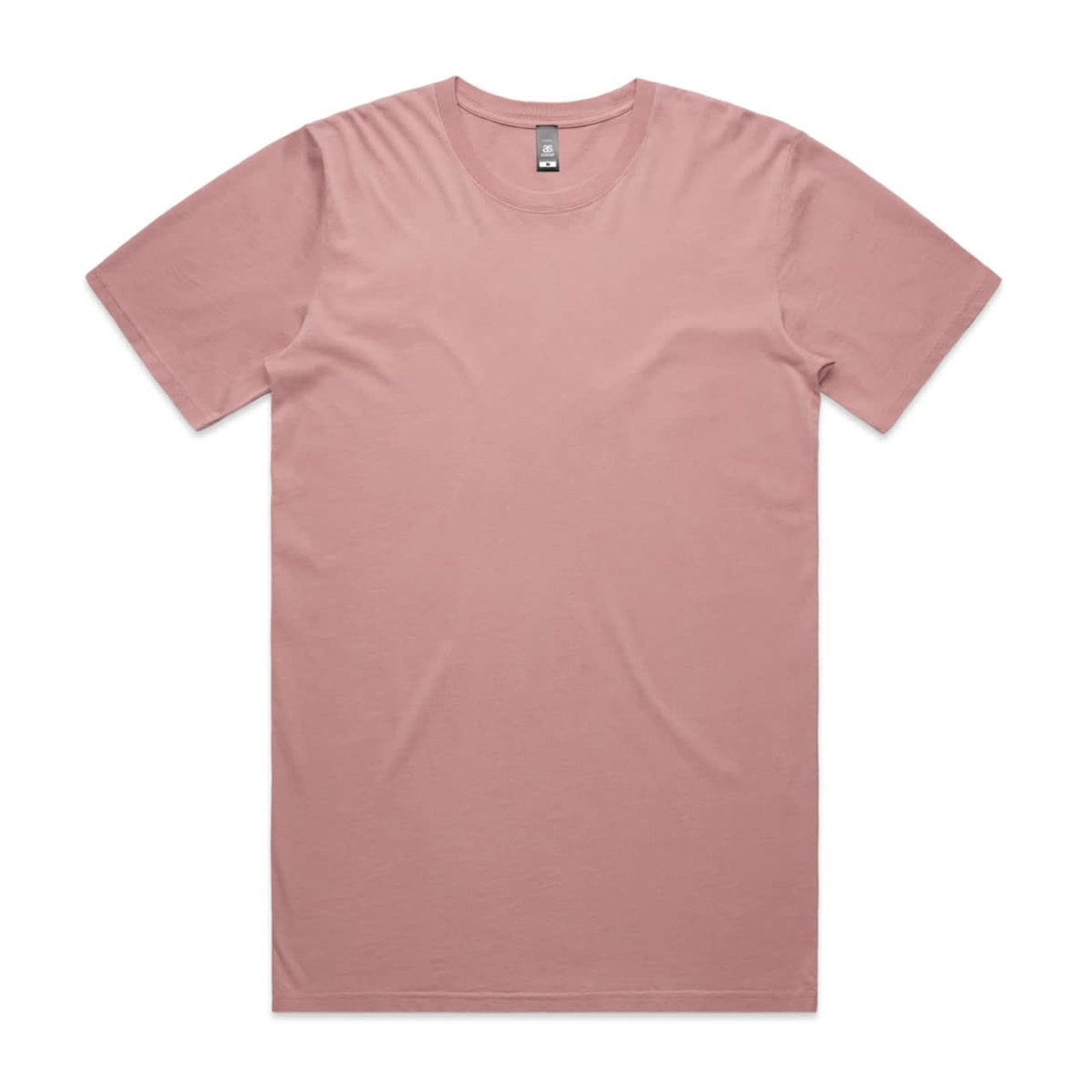 A faded pink t-shirt with short sleeves and a modest crew neck. It features a branding label.