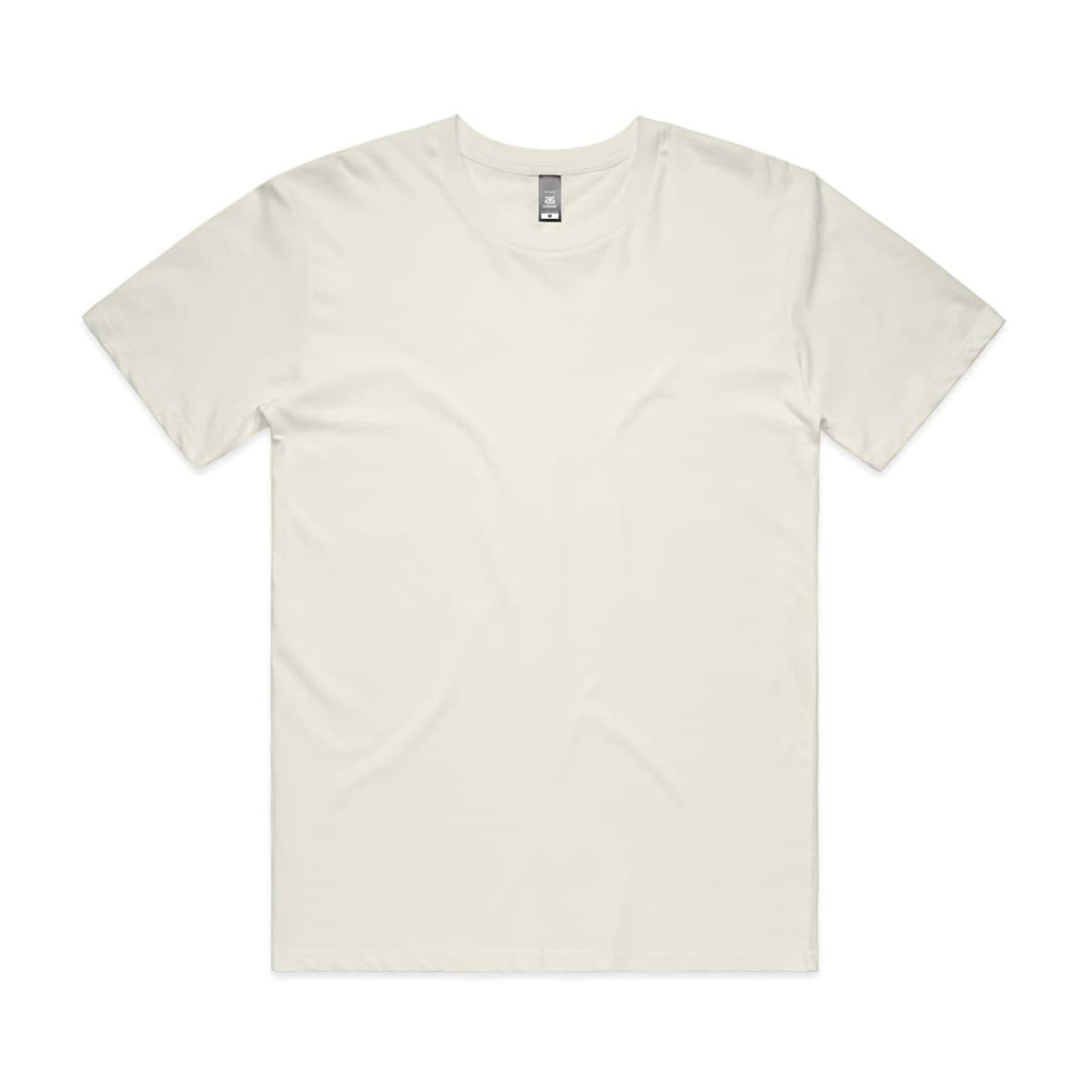 A plain, light cream-coloured T-shirt with a round neckline and short sleeves. It has a branding tag.