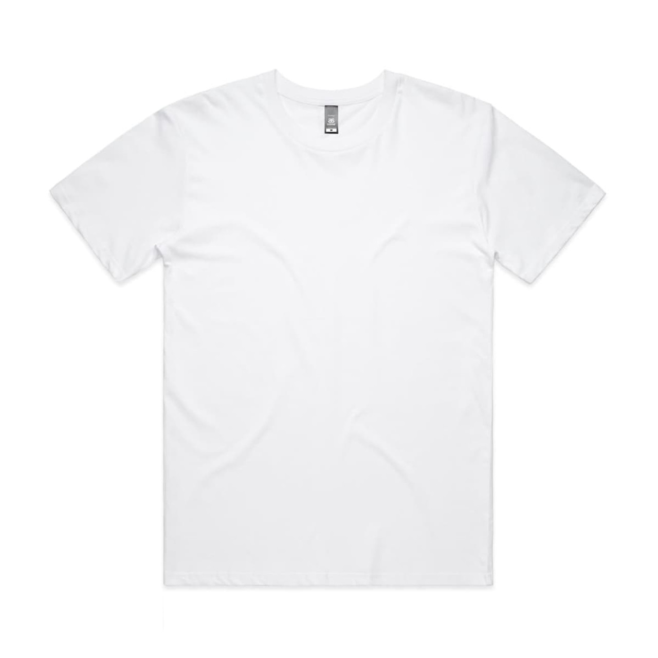 A white short-sleeved t-shirt with a round neckline and a label, featuring a logo.