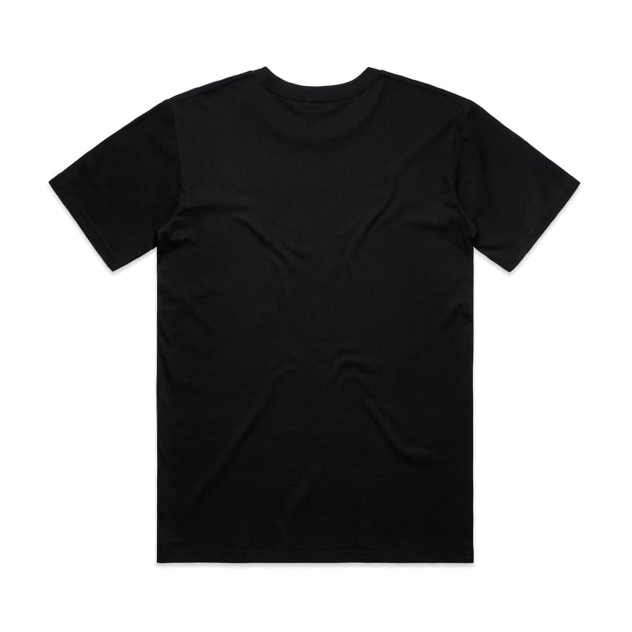 A black t-shirt with a plain back, featuring a logo on one side. Suitable for casual wear.
