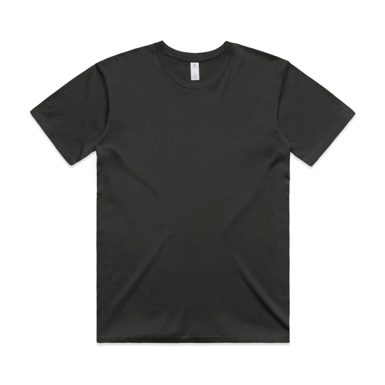 A black T-shirt with a classic crew neck design and short sleeves, featuring a logo on the tag.