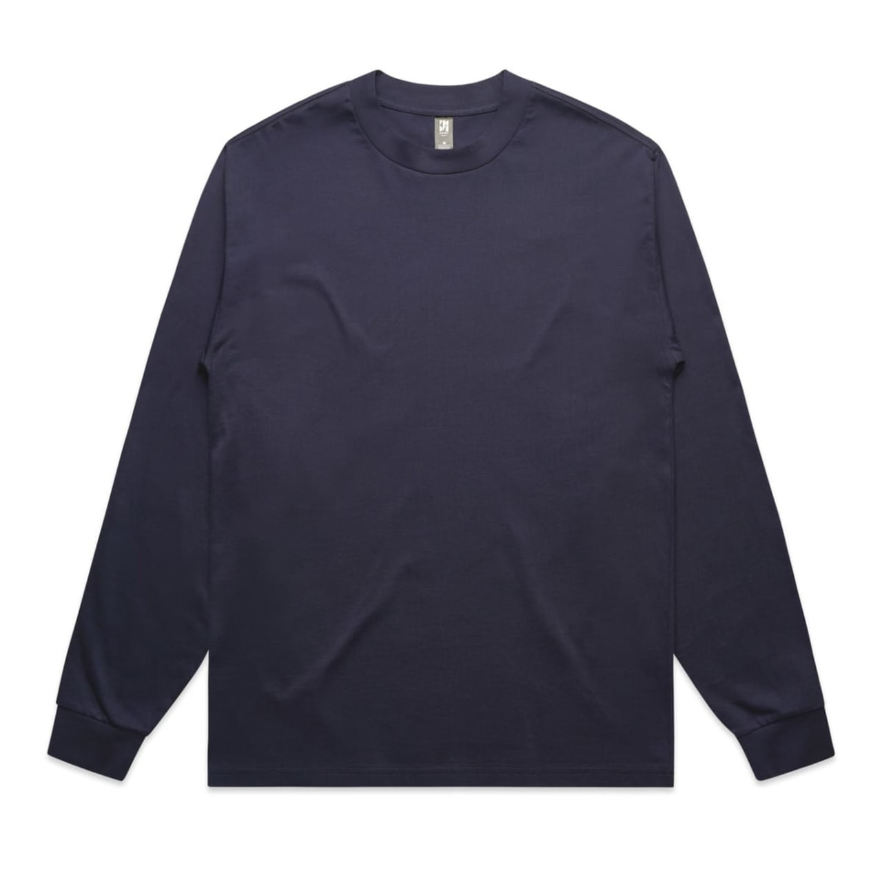 A navy long-sleeve T-shirt with a simple design and a logo on the neckline.