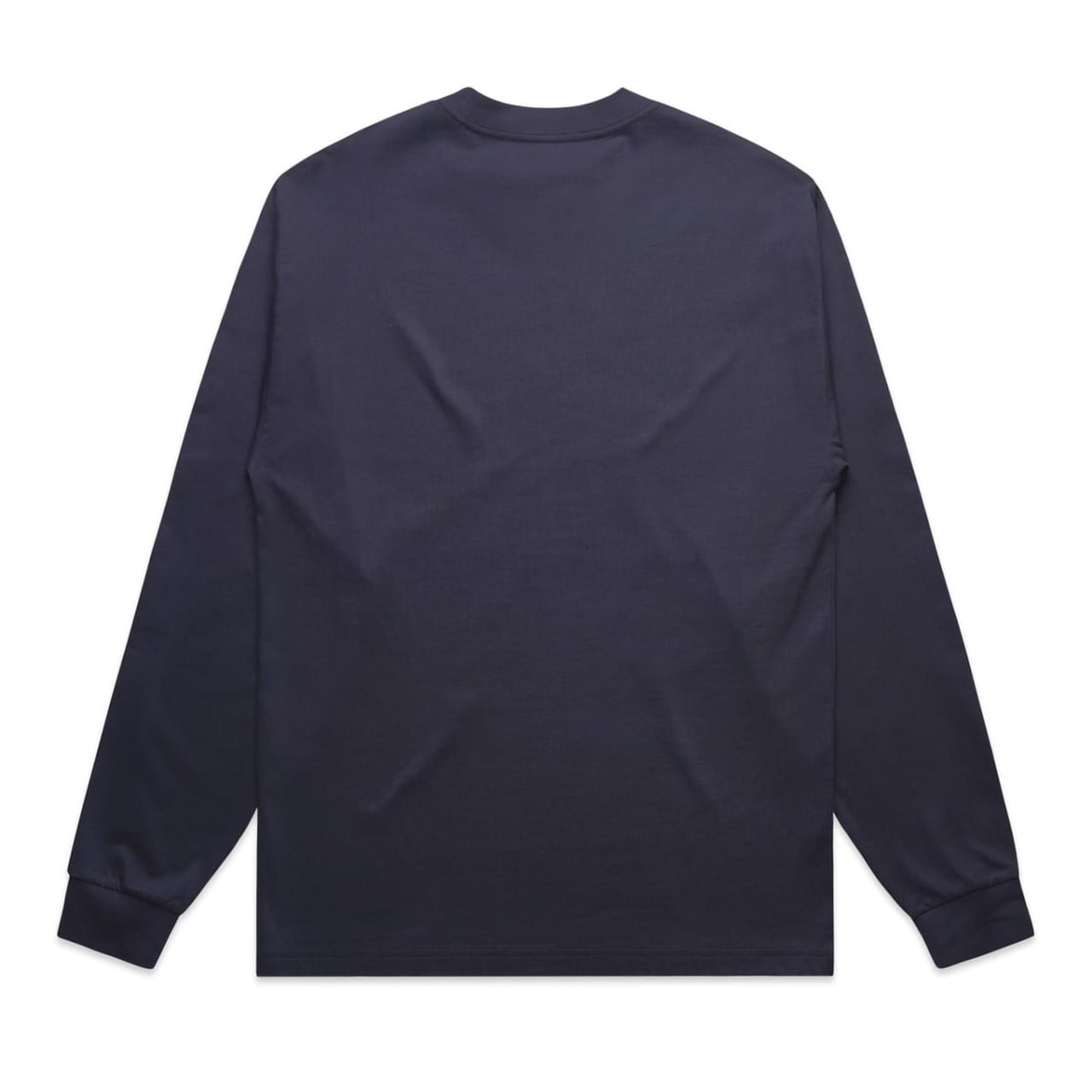 A navy blue long sleeve tee with a plain back and fitted cuffs. It features a logo on one side.