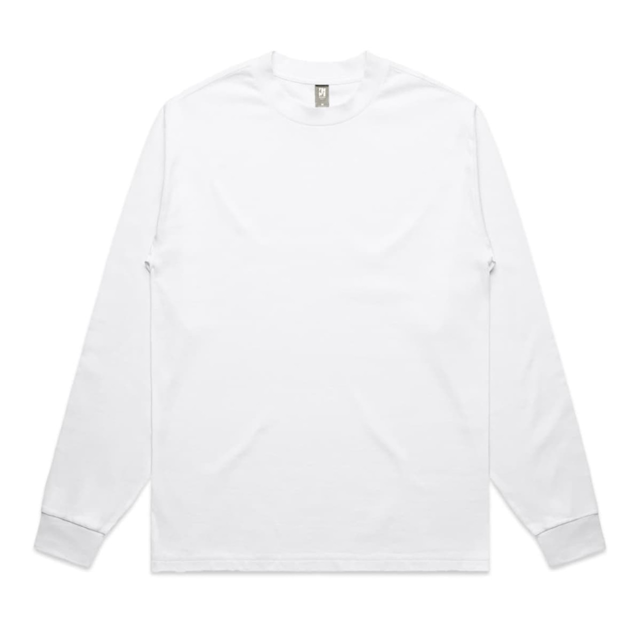 A long-sleeve white T-shirt featuring a minimalist design and a logo on the neckline.