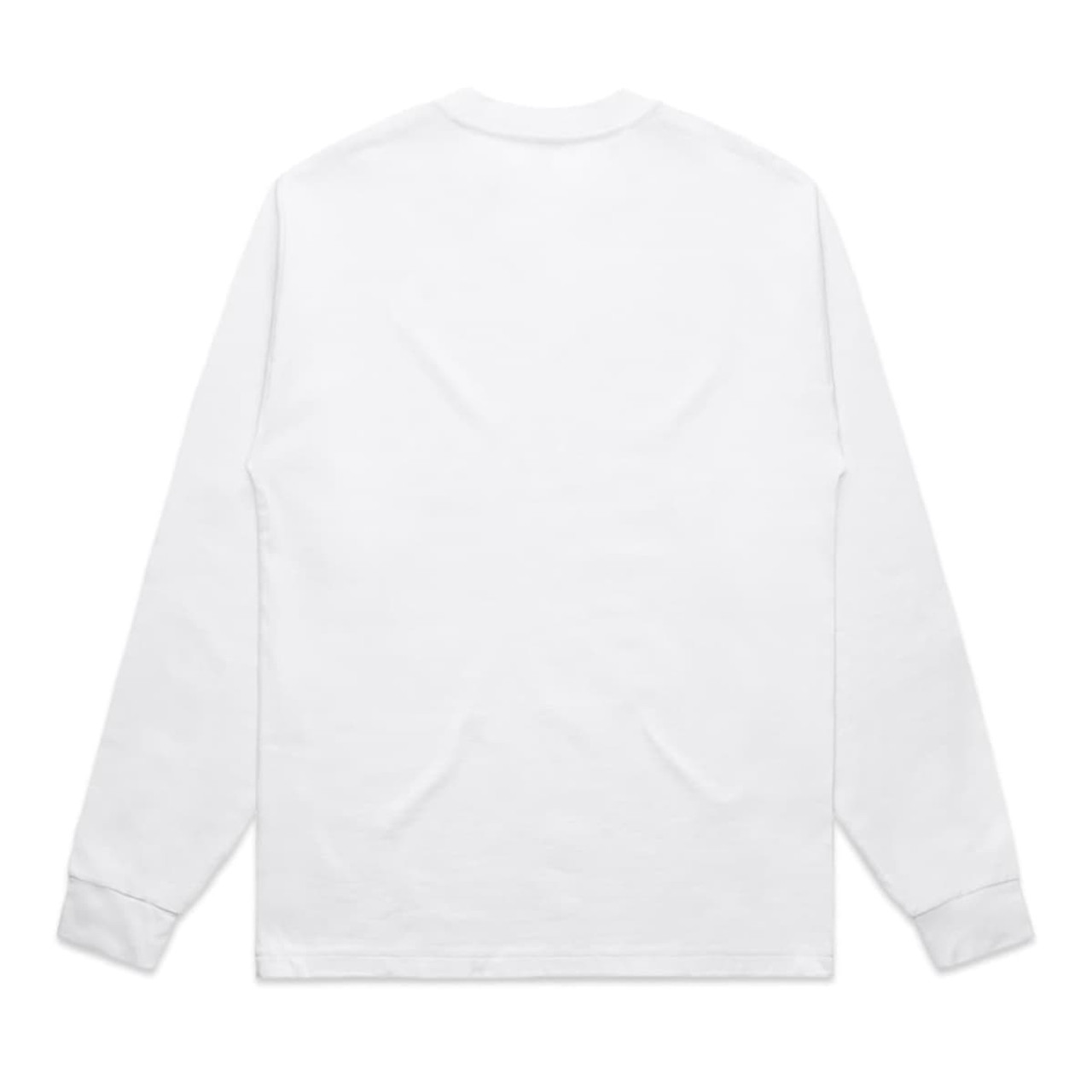 A white long-sleeve tee with a plain back, featuring a logo on the label area.