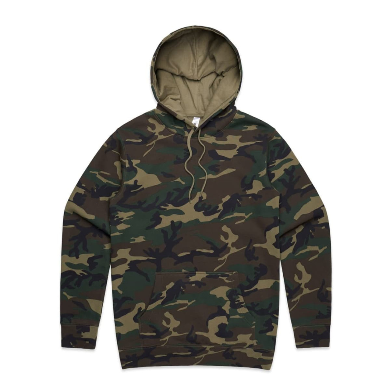 A camouflage hoodie featuring shades of green and brown, with a drawstring hood and a front pocket.