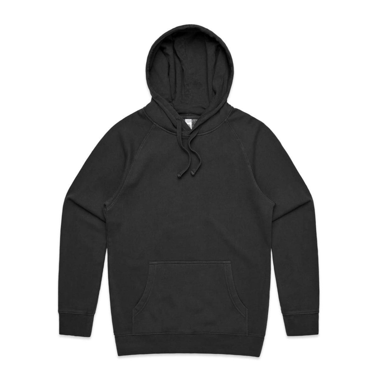 A black hoodie featuring a kangaroo pocket and a hood, with a logo on the front.