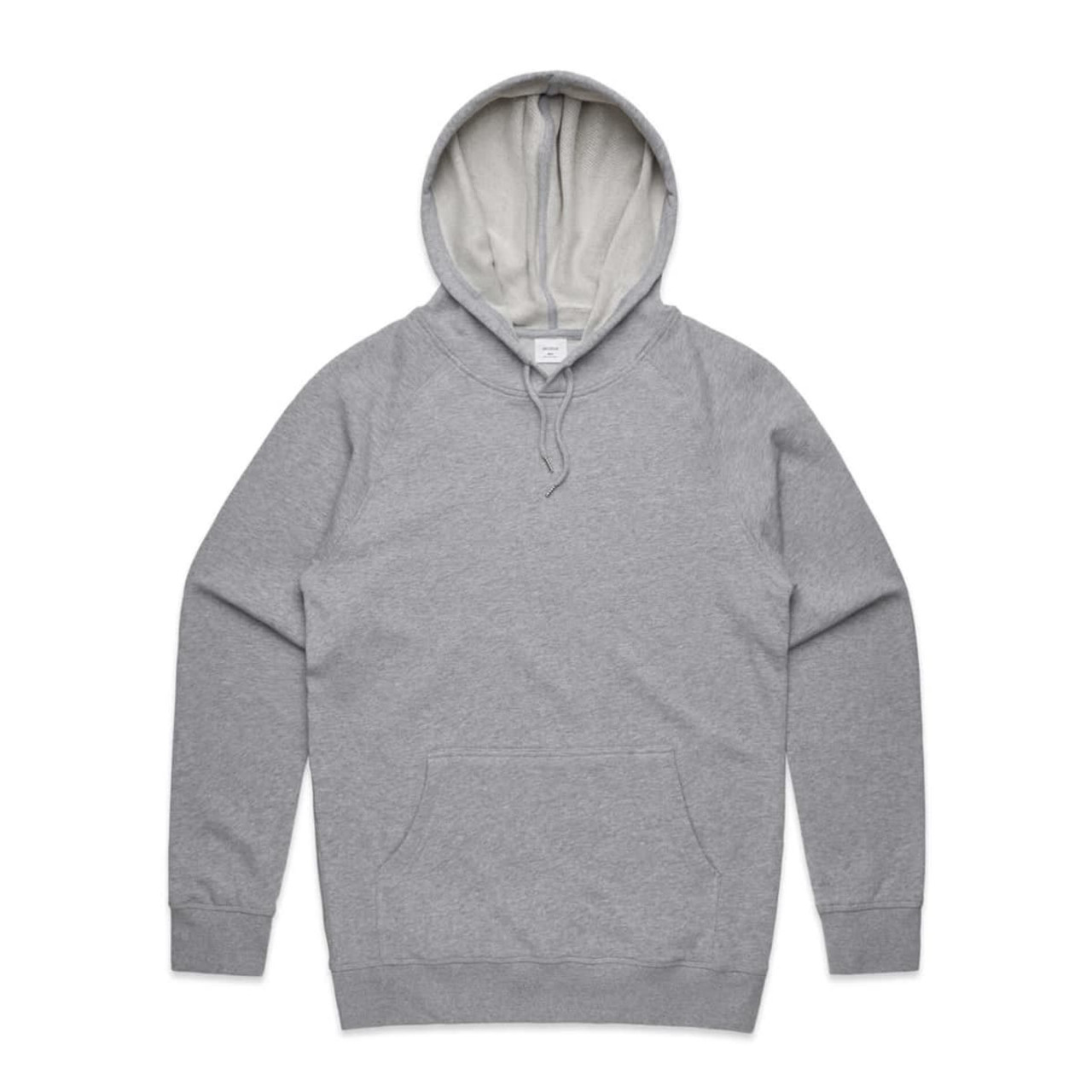 A grey hoodie with a hood, long sleeves, and a front pocket, featuring a logo on the label.