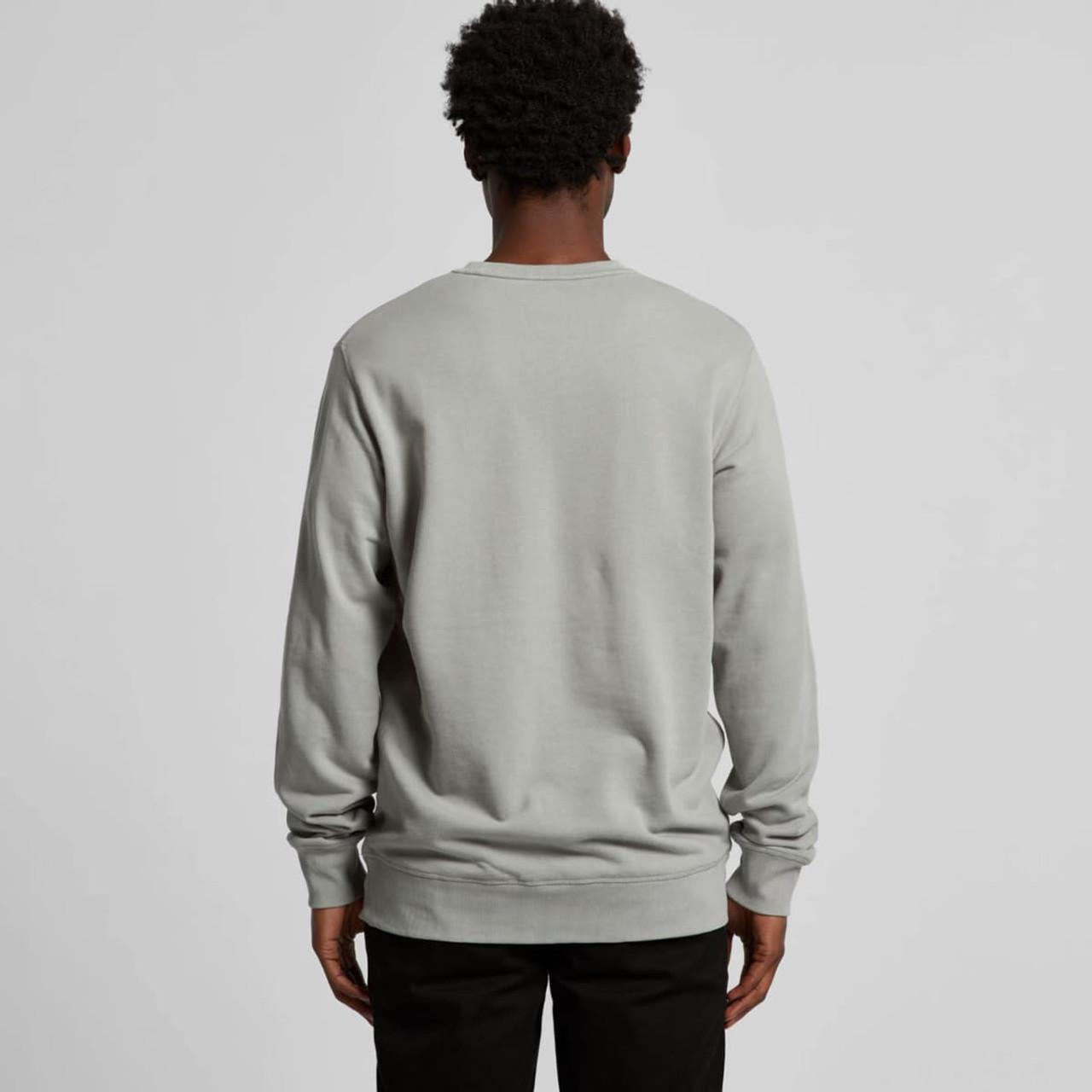 A grey crew jumper with a relaxed fit, featuring long sleeves and a round neck. The back view is displayed.