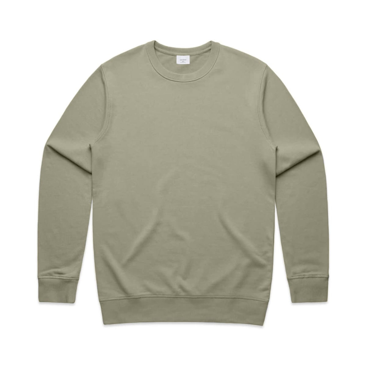 A light green crew jumper with long sleeves and a round neckline. It features a subtle logo.