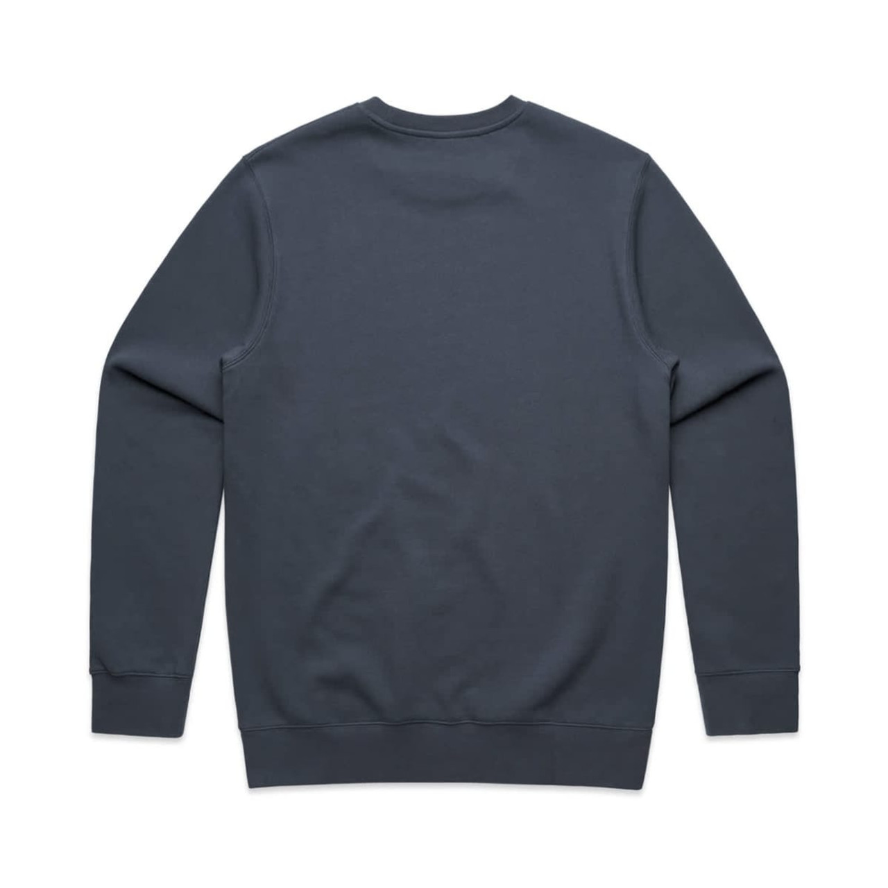 A grey sweater with long sleeves and a crew neck, featuring a smooth solid back and a simple design.