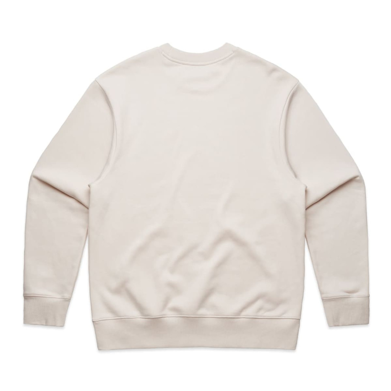 A cream-coloured jumper featuring a simple design and a ribbed hem. It has a logo on the back.