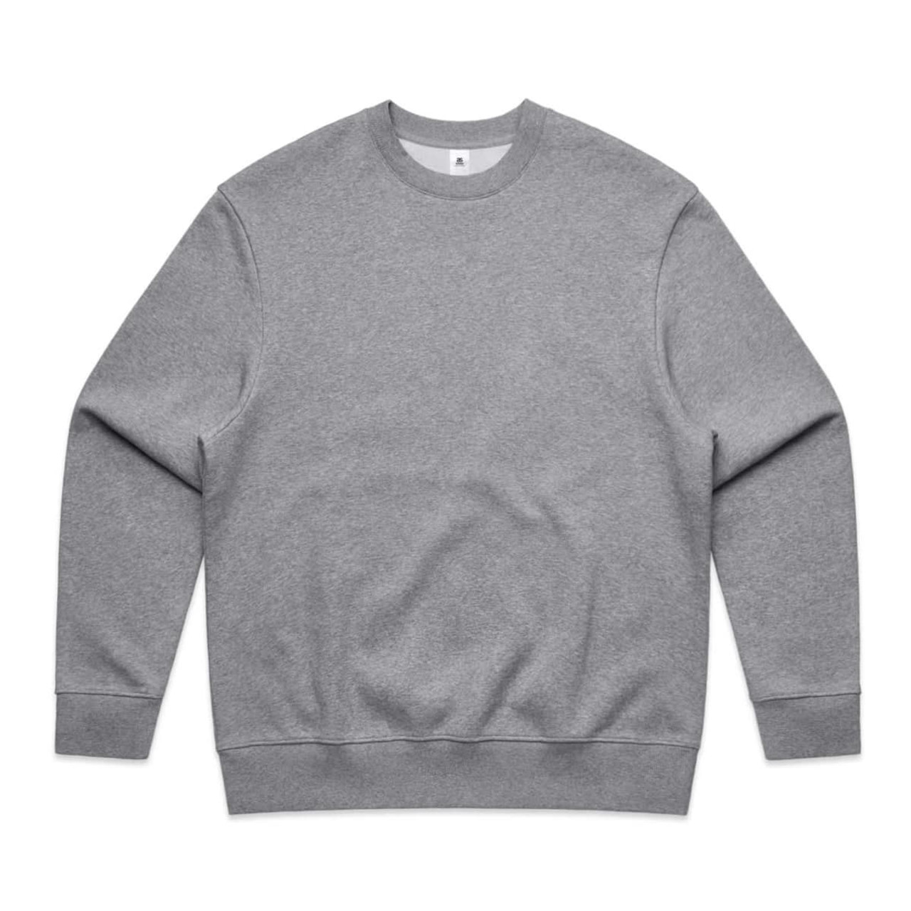 A grey sweatshirt with long sleeves and a crew neck, featuring a subtle branding logo.