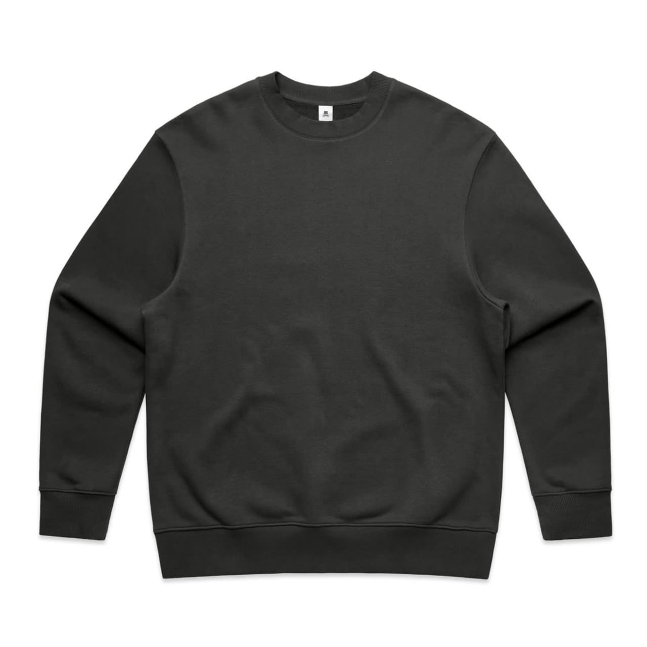 A dark grey crew jumper featuring a round neckline and long sleeves. It has a small logo on the label.