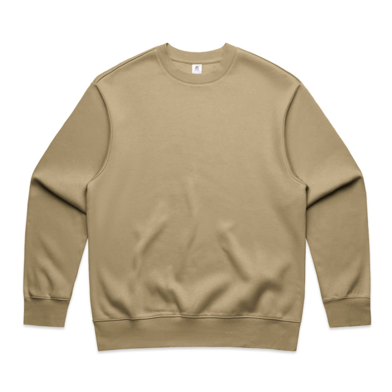 A beige jumper with a crew neck and long sleeves. It features a branding logo on the label.
