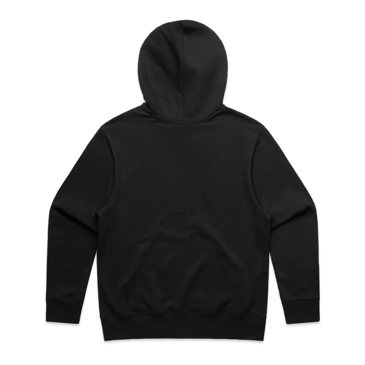 A black hoodie featuring a hood and long sleeves, with a plain back and fitted cuffs.