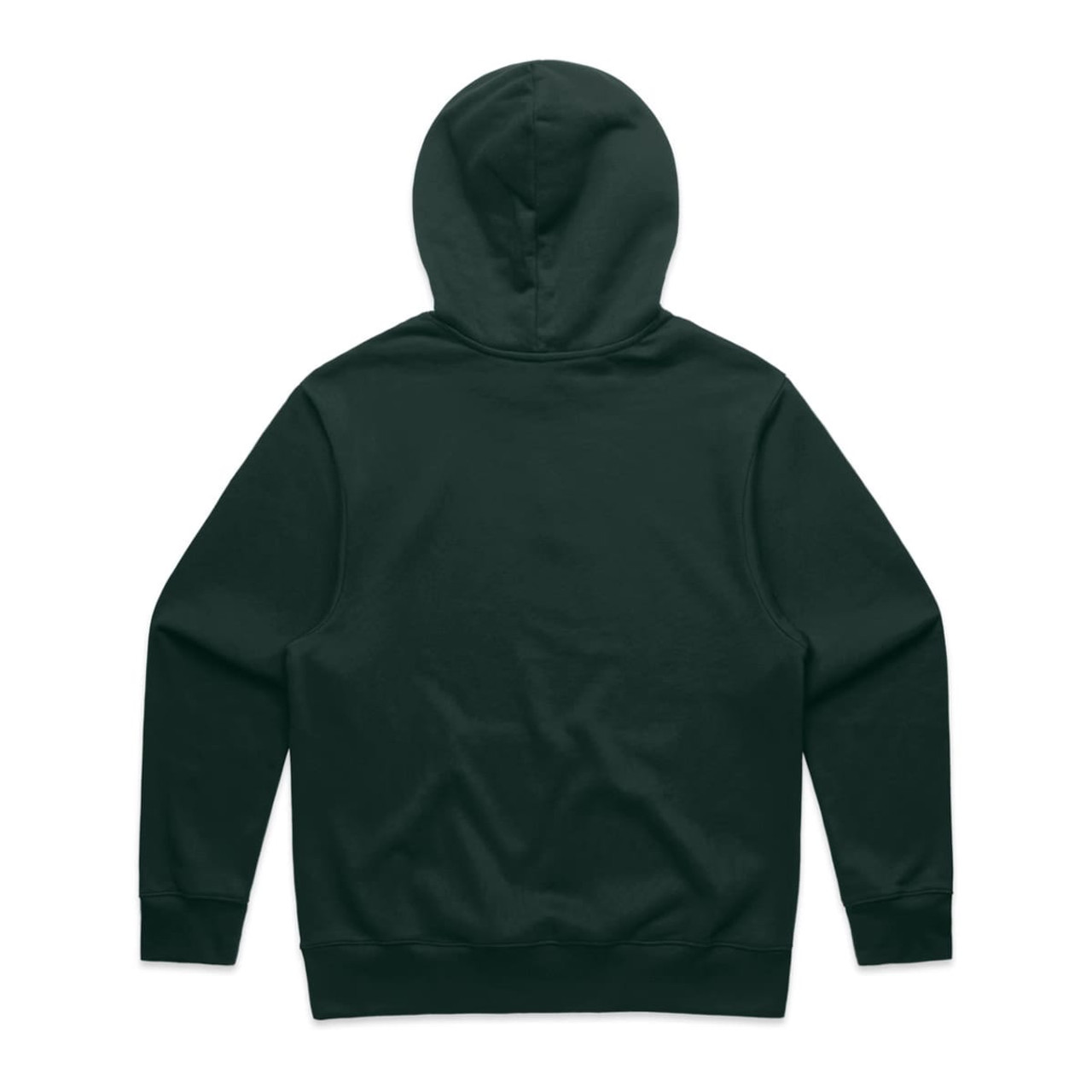 A dark green hoodie featuring a spacious hood and an unembellished back design.