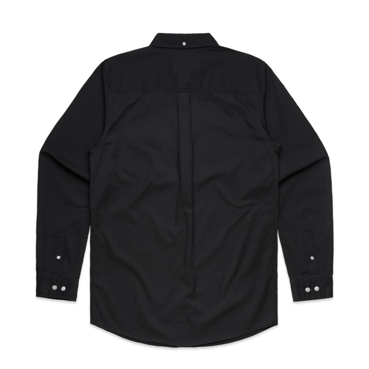 A black denim wash shirt with long sleeves and a button-up design, featuring a logo on the back.