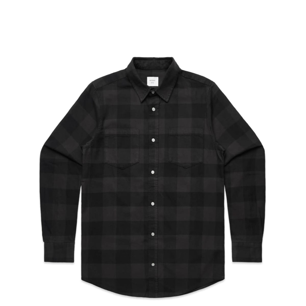 A black check shirt featuring long sleeves and a button-up front, with two chest pockets and a logo.