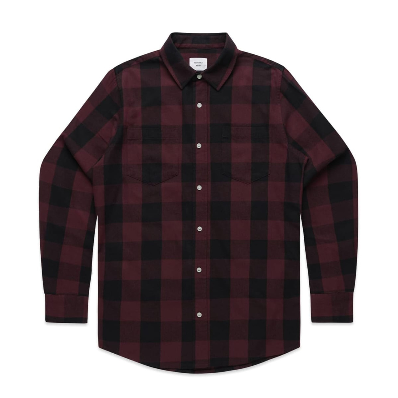 A red and black check shirt with a button-up front, long sleeves, and two chest pockets. Features a logo.