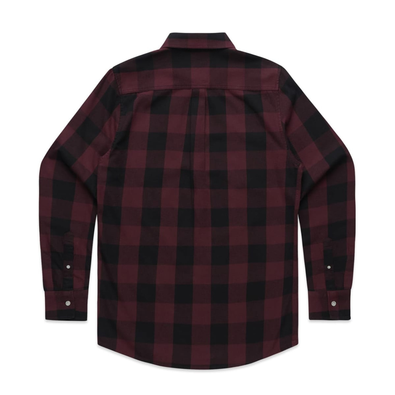 A button-up shirt in burgundy and black check pattern, featuring long sleeves and a back yoke. It has a logo.