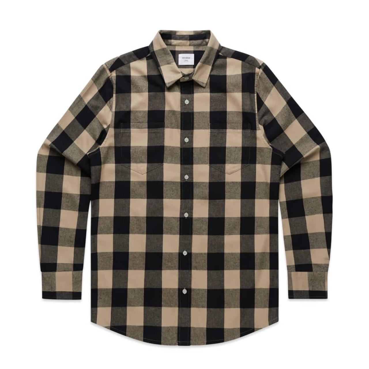 A button-up check shirt featuring a black and beige plaid pattern with long sleeves and a collar.