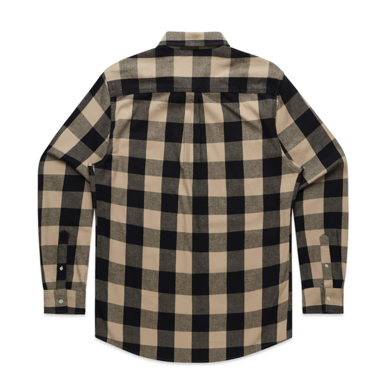 A button-up shirt with a black and beige checkered pattern, featuring a back yoke and long sleeves.