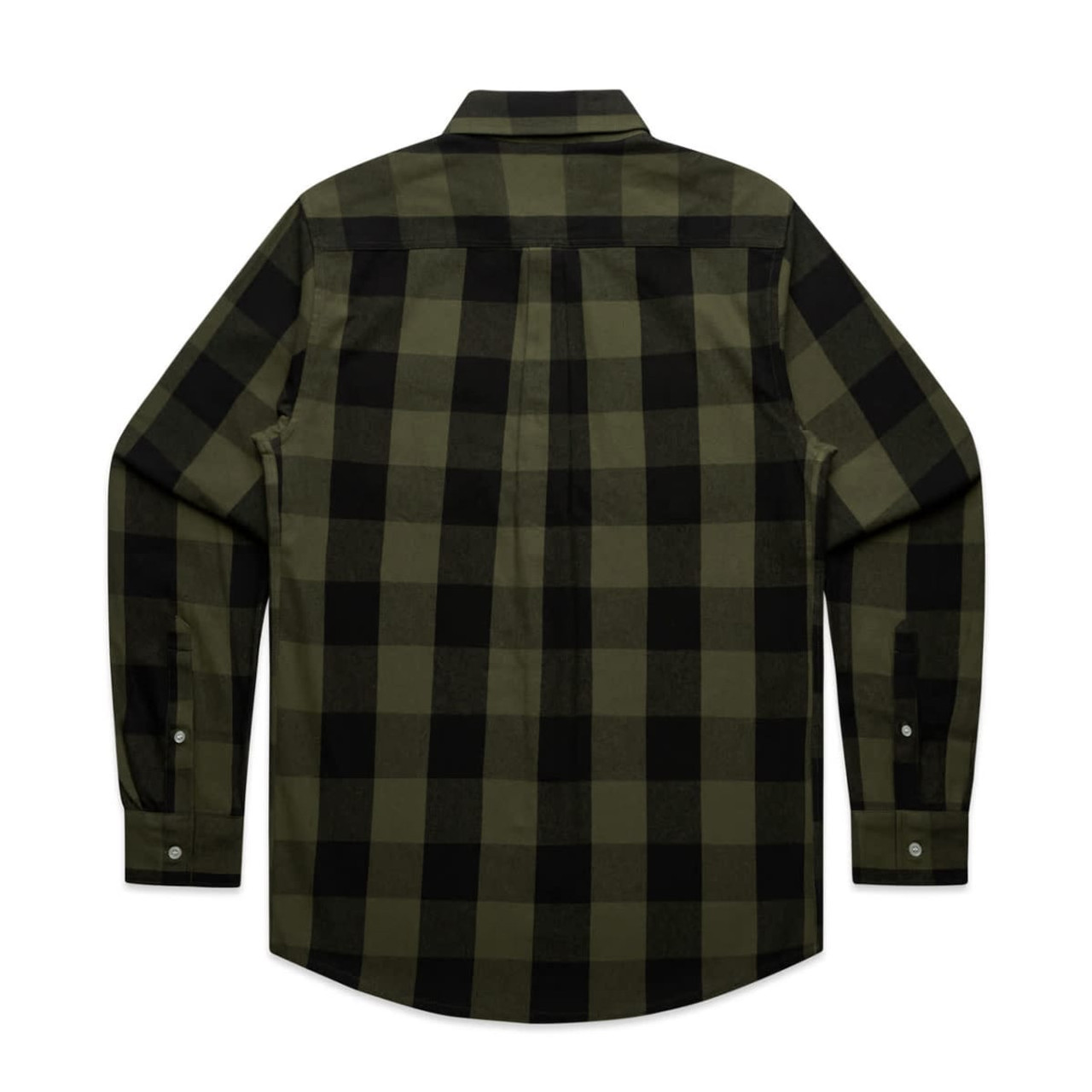 A black and olive green check shirt featuring a button-up design and a traditional collar. It has a logo on the back.
