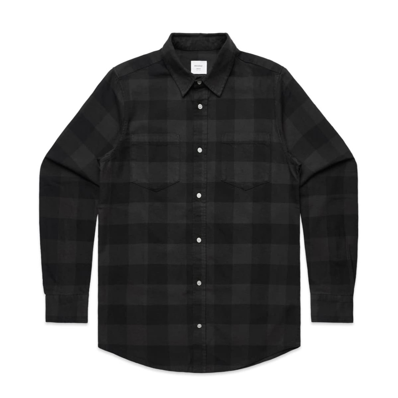 A black and grey check shirt featuring a button-up front and two chest pockets. It includes a logo on the label.