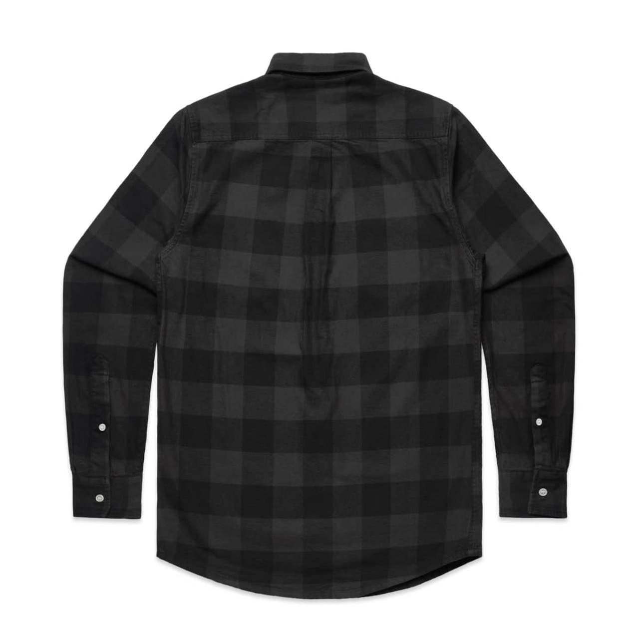 A black check shirt featuring a button-up design and long sleeves, with a branded logo on the back.