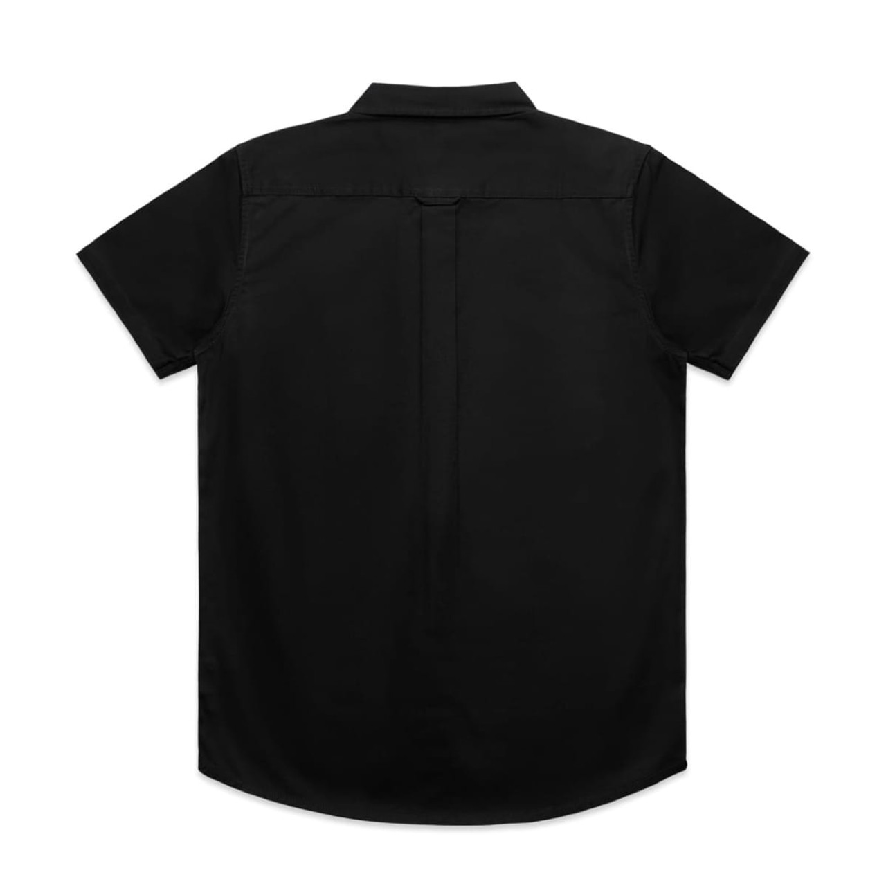 A black short-sleeve work shirt featuring a back yoke and a subtle logo on the back.