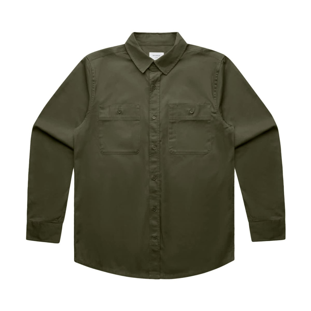 An olive green long-sleeve work shirt with a button-down collar and two chest pockets. Features a logo.